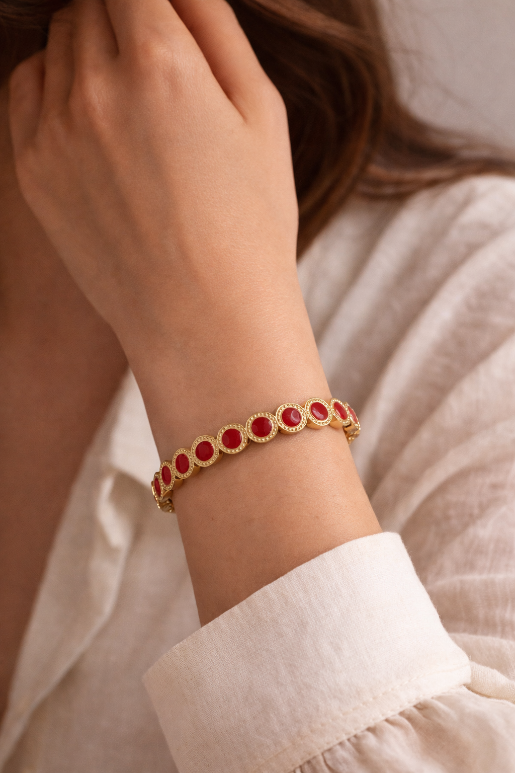 Bracelet LUNA – Jonc ajustable en acier inoxydable et émaux rouges