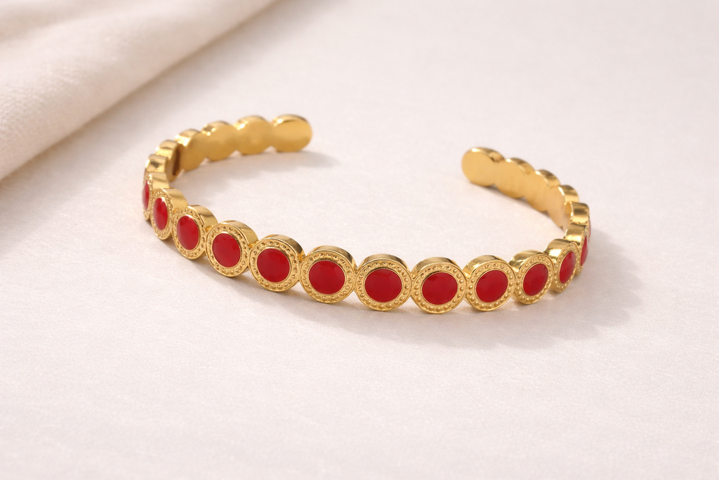 Bracelet LUNA – Jonc ajustable en acier inoxydable et émaux rouges
