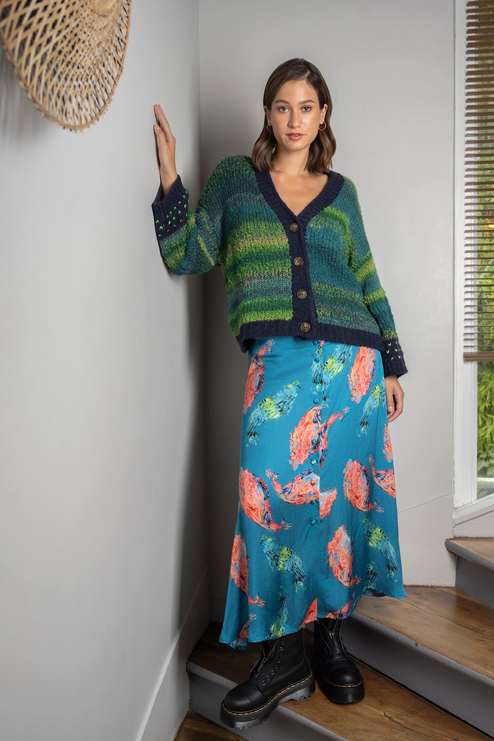 Cardigan GIULIA – Tricot chiné vert océan et marine