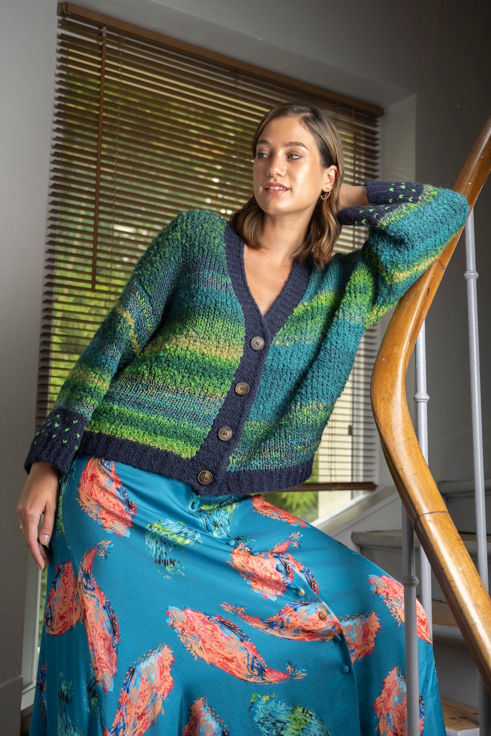Cardigan GIULIA – Tricot chiné vert océan et marine