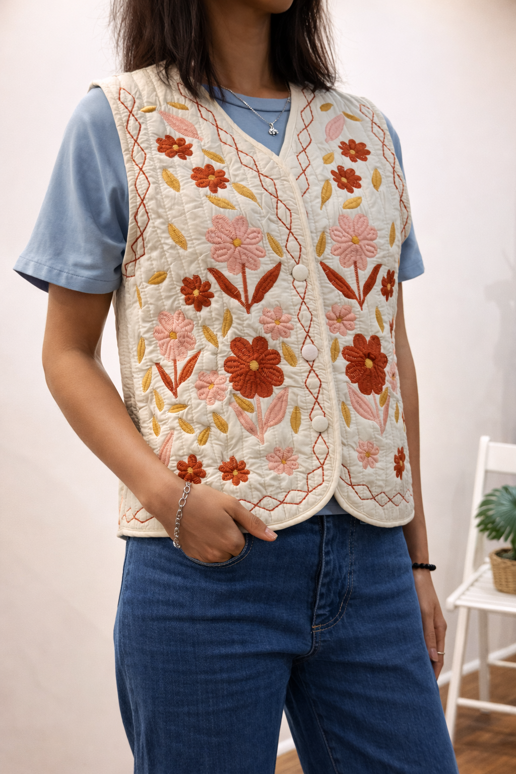 Gilet sans manches brodé KAREN en coton, style bohème chic, collection Paroxysm Paris.
