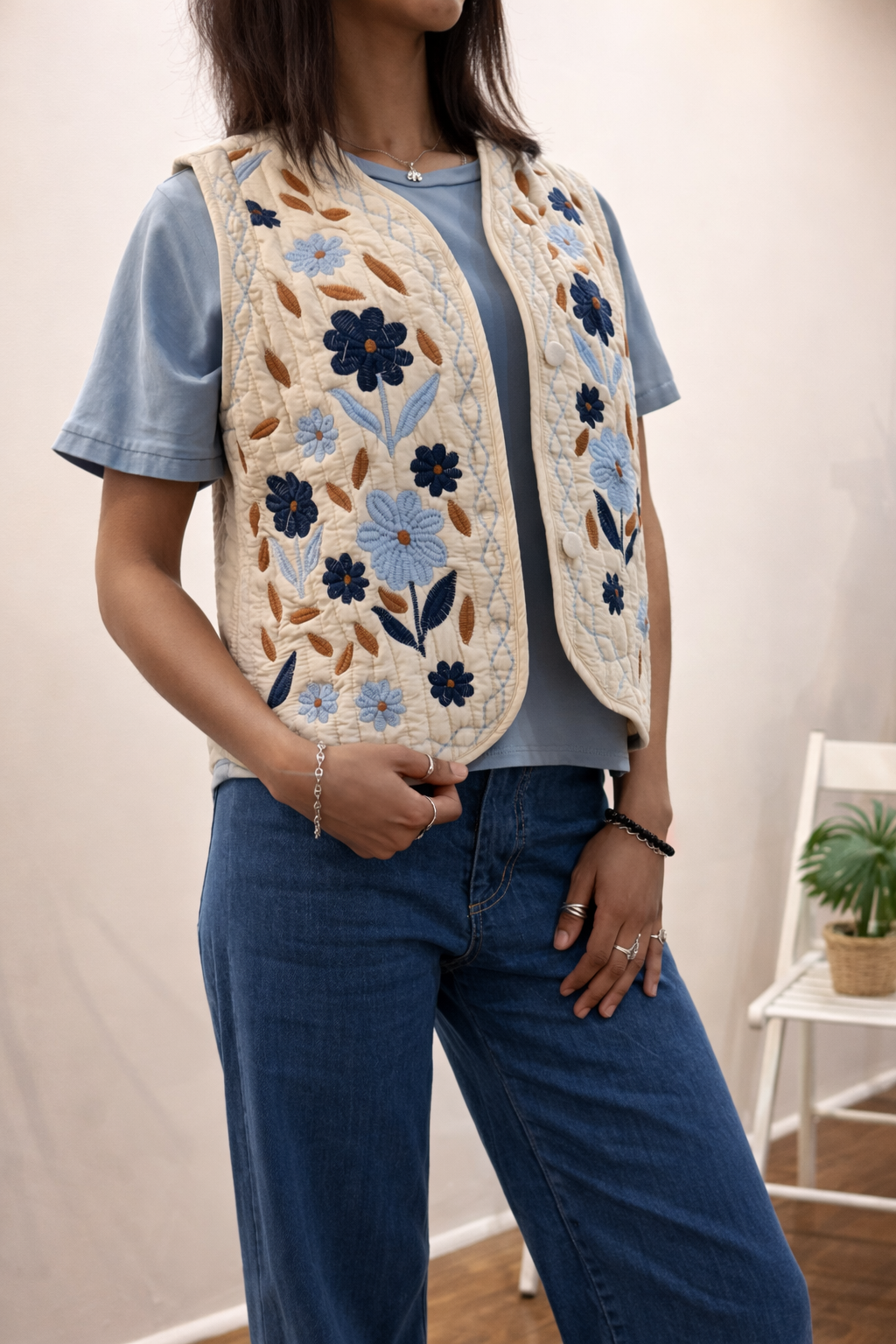 Gilet sans manches en coton beige brodé de fleurs bleu et caramel – modèle KAREN, vue de face et de dos sur mannequin.