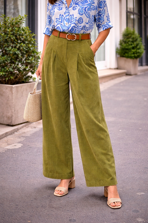 Pantalon GLORIA – Large en velours côtelé fin kaki