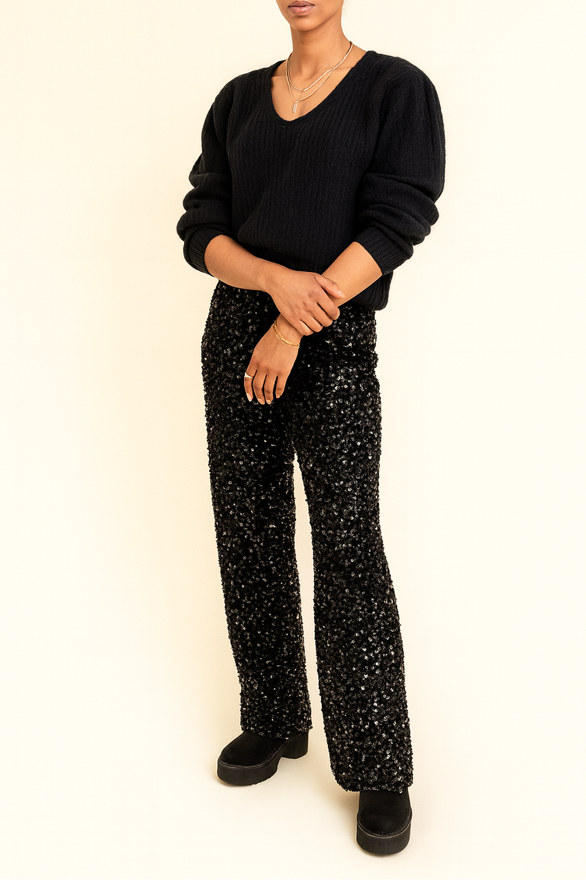 Pantalon MYRIAM – Evasé à sequins noirs