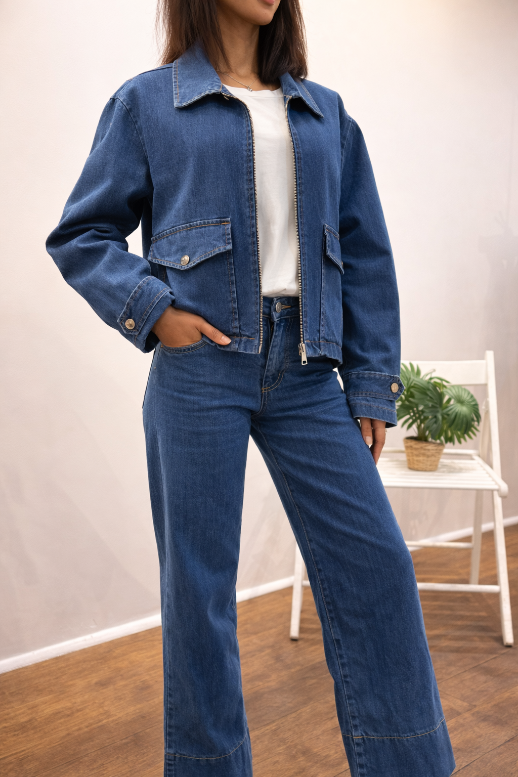 Veste courte en jean bleu brut portée par une femme – modèle_ LUCIE Paroxysm Paris